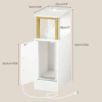 Narrow Nightstand, Bedside Table with Charging Station, Skinny End Table with Cabinet, Modern Night Stand for Small Spaces, Bed Side Cabinet for Bedroom, White and Gold ET27UDW