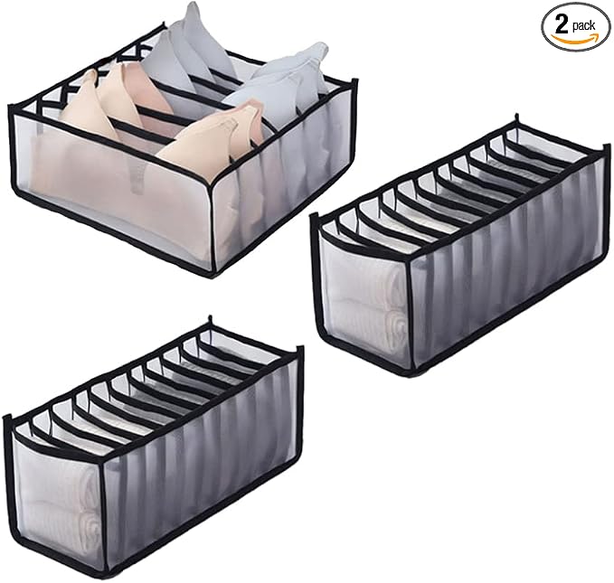 Pack of 3 Wardrobe Clothes Organizer, Foldable Sock Bra Organizer Drawer Divider, Washable Closet Cabinet Storage Boxes for Bra Socks