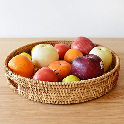 Coffee Table Tray Round Rattan Ottoman Tray Woven Serving Trays with Handles for Home and Kitchen Decorative Natural (Large 14 inch x 2.4 inch)