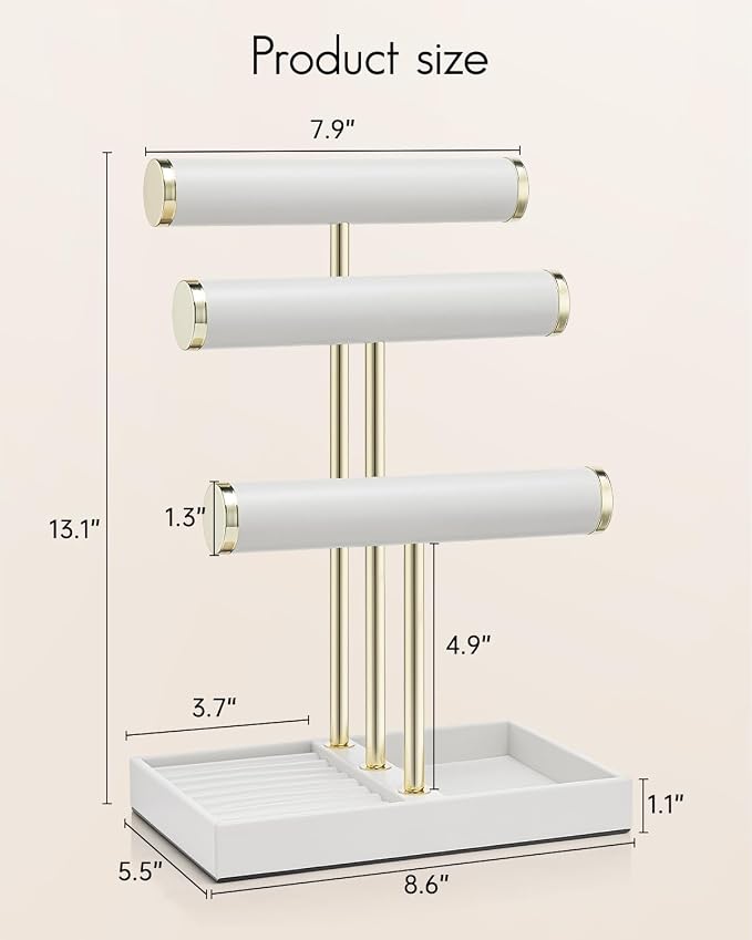 VLANDO 3 Tier Bracelet Holder Organizer with Tray - Leather Jewelry Stand Organizer for Women - Jewelry Holder Display for Necklace, Watches, Rings, Earrings, Bangle, Scrunchie - White