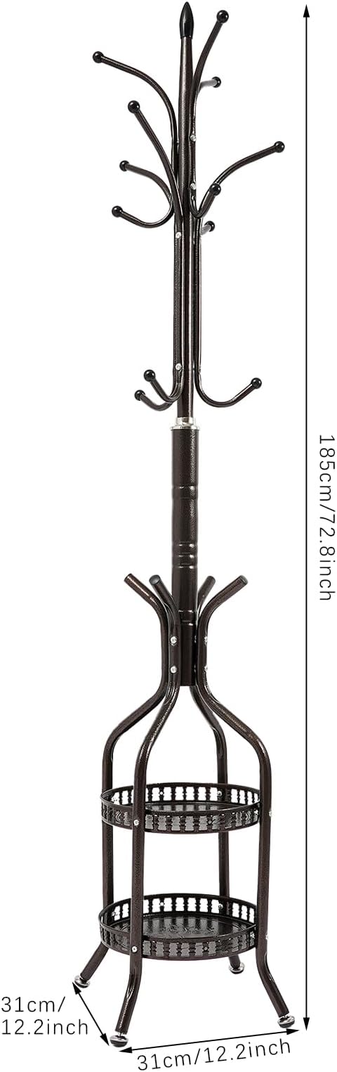 72.8in Coat Rack Freestanding 12 Hooks Coat Tree with Umbrella Holder Metal Modern Coat Hanger Stand for Entryway, Purse Rack Hat Rack Stand for Living Room Bedroom Office (Copper)