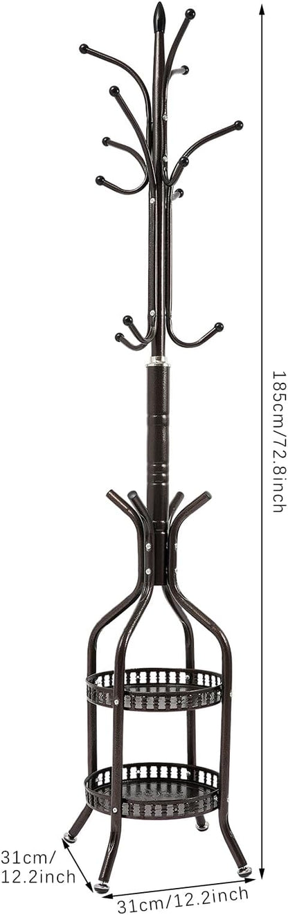 72.8in Coat Rack Freestanding 12 Hooks Coat Tree with Umbrella Holder Metal Modern Coat Hanger Stand for Entryway, Purse Rack Hat Rack Stand for Living Room Bedroom Office (Copper)