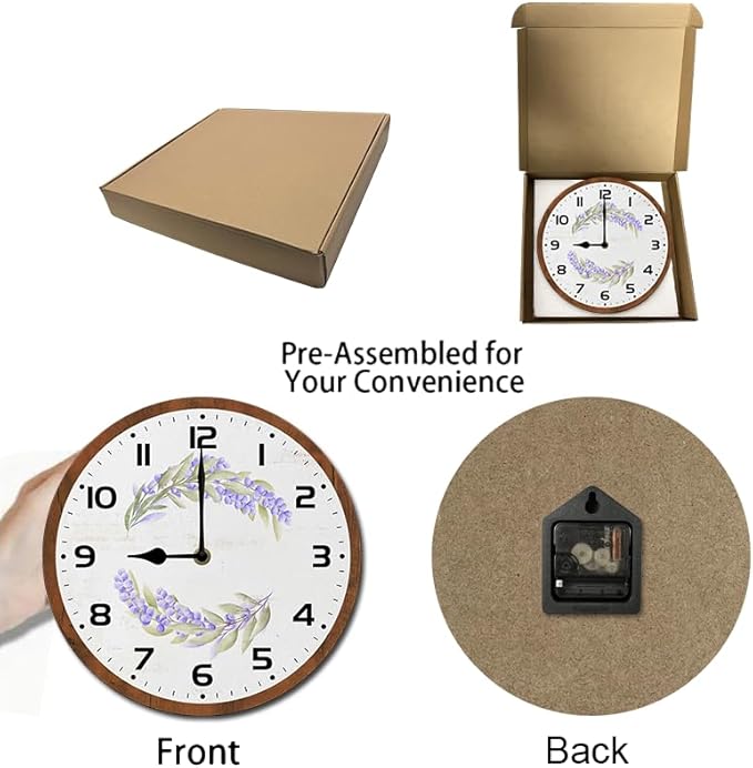 Purple Flowers Wall Clock 10 Inch Silent Non Ticking Battery Operated Wooden Modern Office Simple Minimalist Clock Decorative for Kitchen Home Bathroom Living Room