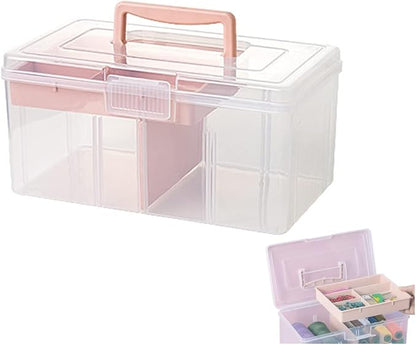 FOREVERIE Clear Plastic Office Supply Art & Craft Storage Box, Sewing Box Organiser Large with a Removable Tray & Adjustable Partition, Portable Travel Makeup Case (Clear & pink)