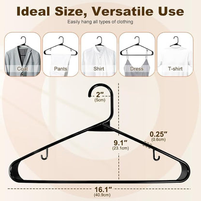 HOUSE DAY Black Plastic Hangers 10 Pack, Plastic Clothes Hangers with Built-in Hooks, Durable and Strong Coat Hanger for Closet, Space Saving Clothing Hanger for Shirts, Coats, Skirt, Dress