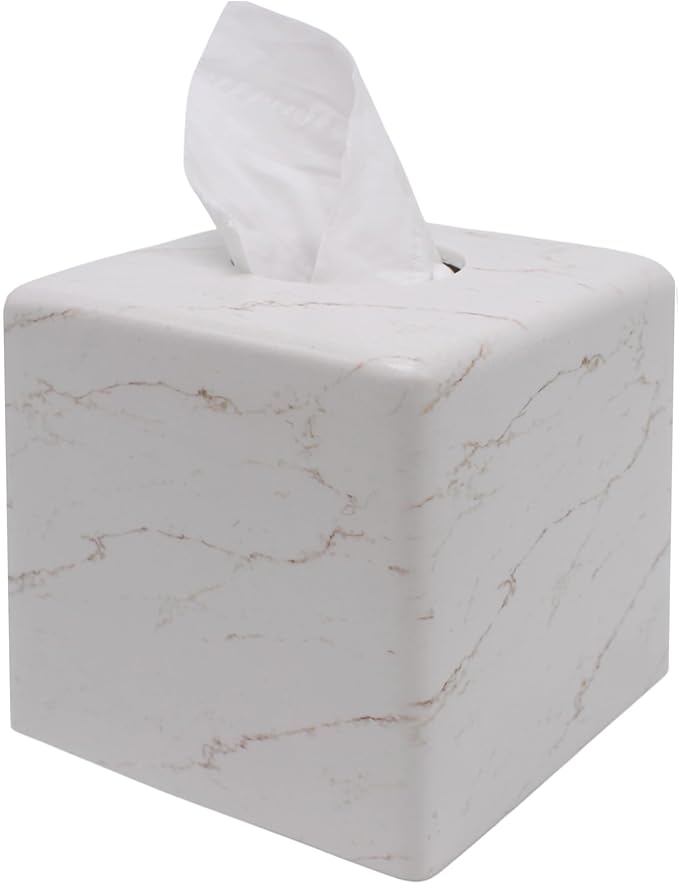Marble Tissue Box Cover Square Decorative Stone Klenex Box Holder for Bathroom & Living Room with Handcrafted Texture (Marble-B)