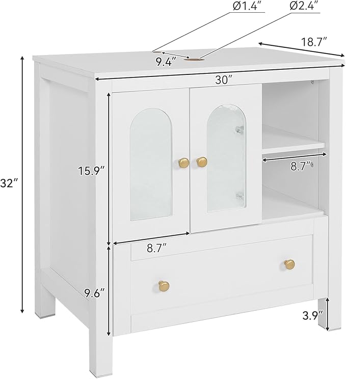 30" Bathroom Vanity with Sink, Freestanding Bathroom Storage Cabinet with Sink Combo, Modern Vanity Cabinet with 2 Water Ripple Doors and 1 Drawer, Soft-Close Design, Silver Leaf Glass Sink Top, White