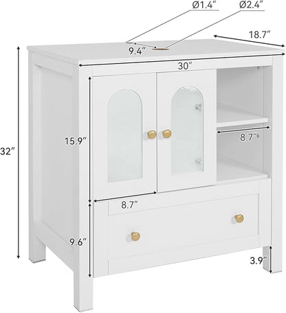 30" Bathroom Vanity with Sink, Freestanding Bathroom Storage Cabinet with Sink Combo, Modern Vanity Cabinet with 2 Water Ripple Doors and 1 Drawer, Soft-Close Design, Silver Leaf Glass Sink Top, White