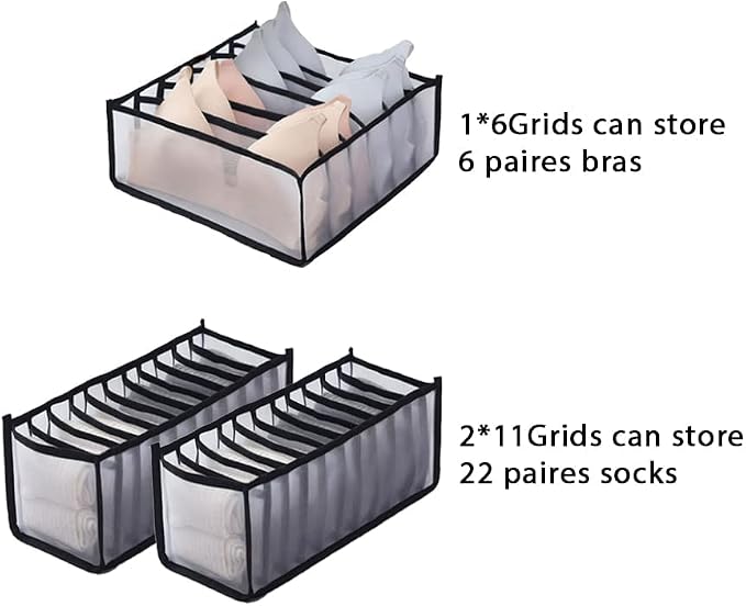 Pack of 3 Wardrobe Clothes Organizer, Foldable Sock Bra Organizer Drawer Divider, Washable Closet Cabinet Storage Boxes for Bra Socks