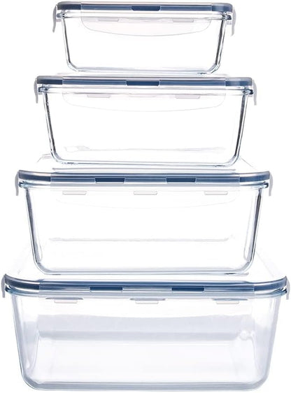 Extra Large Glass Food Storage Containers with Lids, Set-8-Piece Big Size Food Storage Box, Ideal for Storing Food, Vegetables, Fruits, Baking Cake & lot of other Tasty Food (Rectangular)