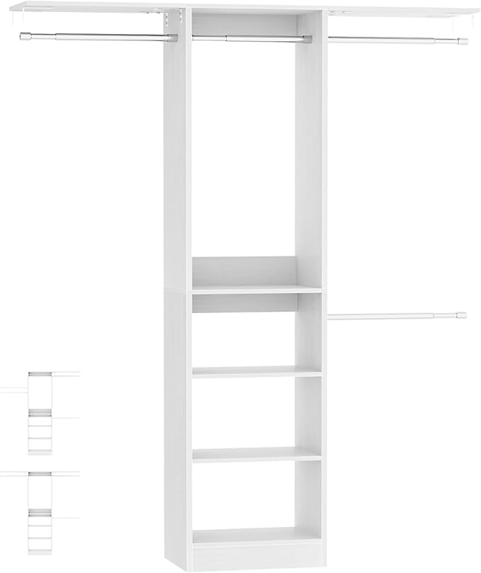 Cyclysio 4FT Small Closet System, 80"H Closet Organizer System with 4 Closets Rods & 3 Shelves, 48" Closets Organizers and Storage for Small Bedrooms, Laundry Rooms, Cloakrooms, White