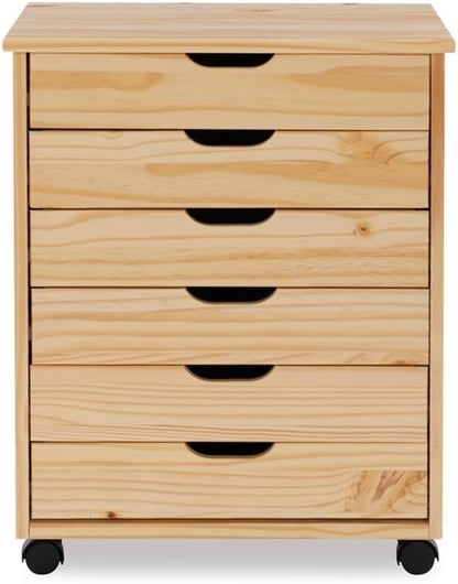 Linon Callie Multipurpose Six Drawer Dresser Wide Wood Rolling File Cabinet Storage Cart in Natural