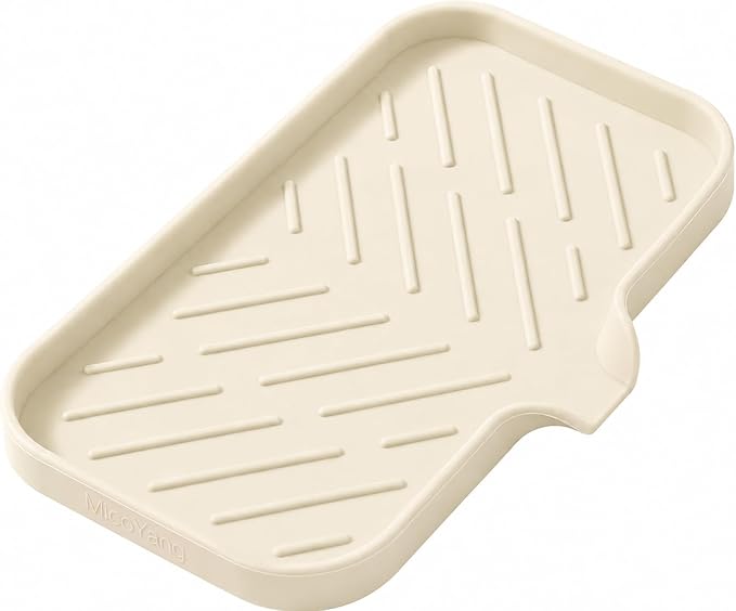 MicoYang Silicone Soap Dish with Drain Spout — Self-Draining Sink Organizer Tray for Bathroom & Kitchen, Sponges, Dispensers & Soap Holder, Non-Slip & Dishwasher Safe, Tapioca (Medium, 9.6"×5.3")