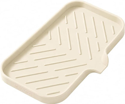MicoYang Silicone Soap Dish with Drain Spout — Self-Draining Sink Organizer Tray for Bathroom & Kitchen, Sponges, Dispensers & Soap Holder, Non-Slip & Dishwasher Safe, Tapioca (Medium, 9.6"×5.3")