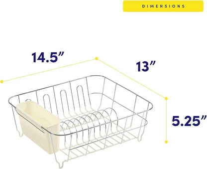 Dish Drying Rack & Cutlery Holder 2 Piece Set - Compact Sink-Fitting Dish Drainer with Rubberized Undercoating, Space-Saving Kitchen Organizer for Plates, Cups, Bowls & Utensils in Sink, Ivory