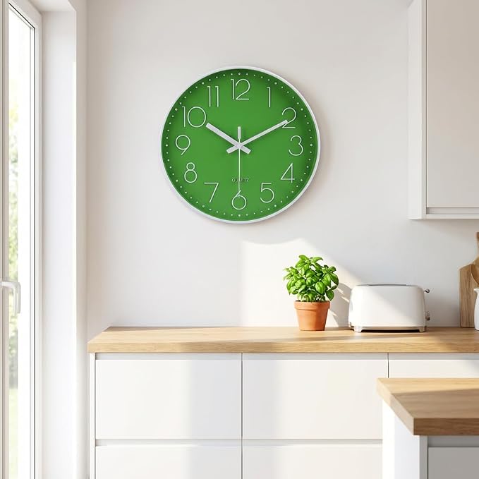 jomparis Modern Office Green Decor Wall Clock 12" Silent & Non-Ticking Battery Operated Quartz Round Clock