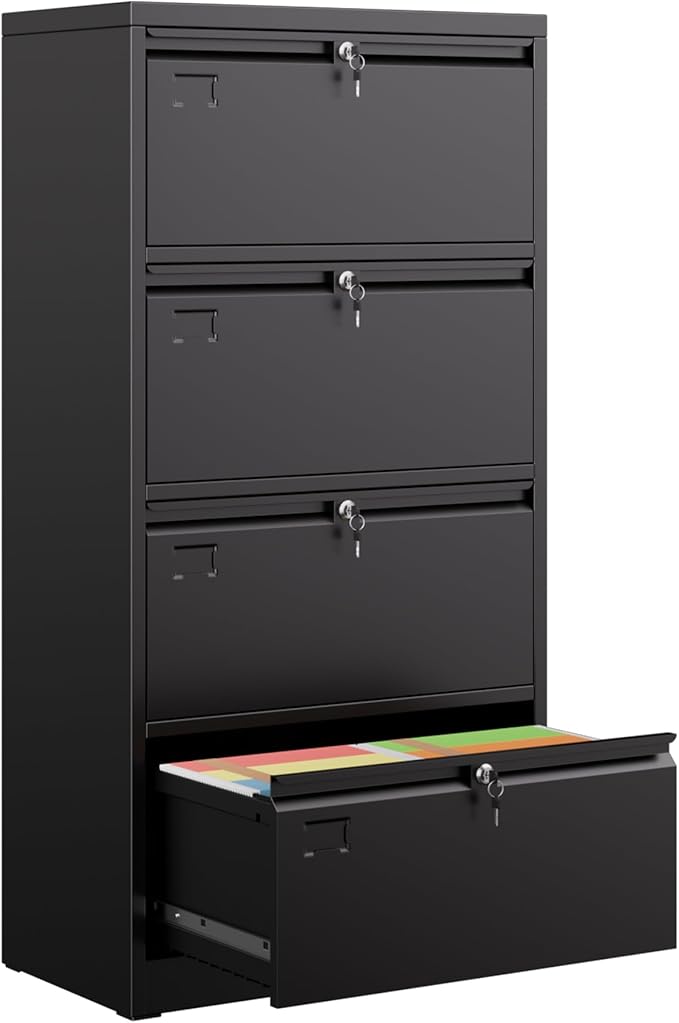 57.17"H Lateral File Cabinet with 4 Drawer,Metal Wide Filing Cabinet with 4 Locks and Business Card Slot for Home Office School Hanging Letter/Legal/F4/A4 Size Folders,Required Assembly,Black