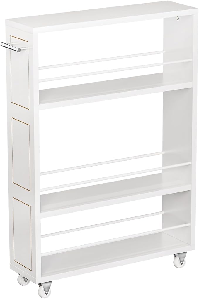 KLM 4 Tier White Slim Storage Cart with Handle, Slide Out Storage Rolling Utility Cart for Kitchen, Laundry, Narrow Places-6.7" W