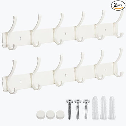 Dntorx Coat Rack Wall Mount, 2 Pack Coat Hooks Hanger Wall Double Hook Rack Rail Towel Hat Rack Entryway Bathroom Hanger Organizer for Robes, Clothes, Bags, Hat(White)