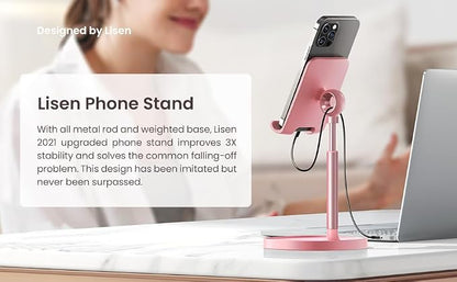 LISEN Pink Phone Stand for Home Desk, Room Vanity Decor Kitchen Accessories, Cute Phone Holder Bathroom Living Dorm Room Essentials Offices Desk Accessories for iPad mini 4-10 in Pink Gifts