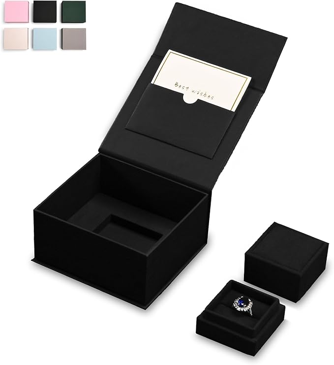 Oirlv Velvet Ring Gift Box with Exquisite Outer Packaging, Wedding Proposal Engagement Ring Box, Birthday Present Gift Box with Blank Greeting Card（Black）