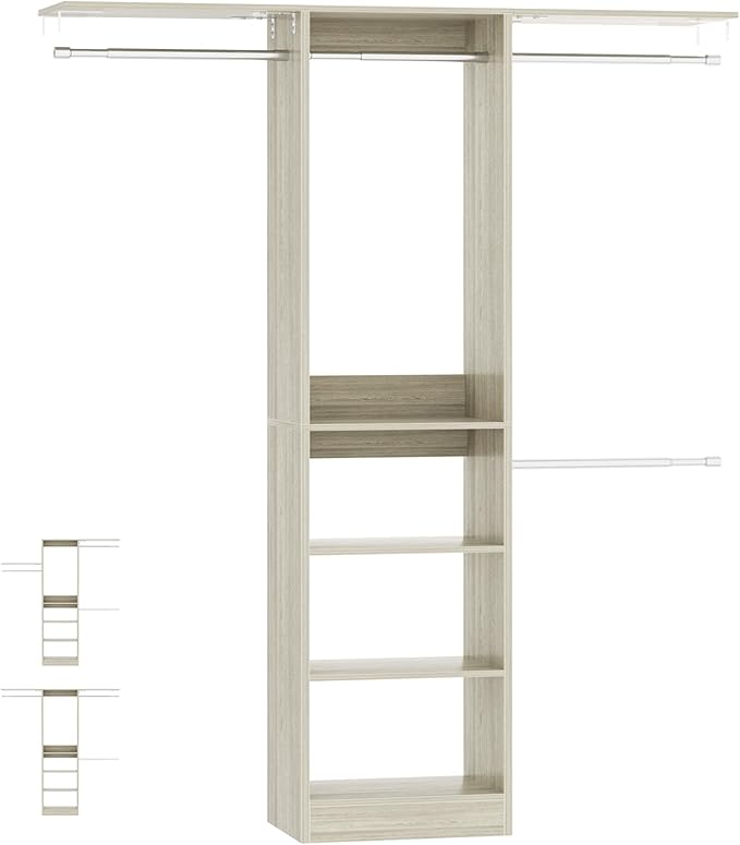 Cyclysio 4FT Small Closet System, 80"H Closet Organizer System with 4 Closets Rods & 3 Shelves, 48" Closets Organizers and Storage for Small Bedrooms, Laundry Rooms, Cloakrooms, White Oak