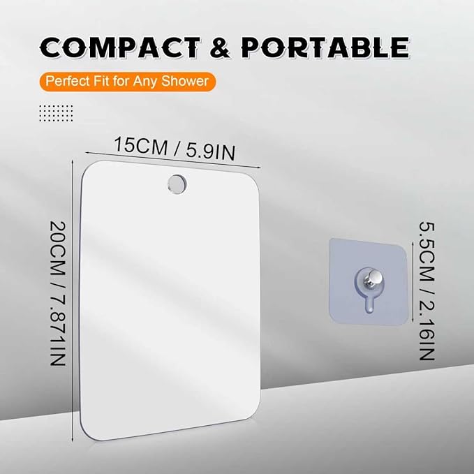 Fogless Shower Mirror for Shaving - Anti-Fog Acrylic Mirror with Adhesive Hook, No Drill Shatterproof Bathroom and Travel Mirror, 8x6 Inch Rectangle