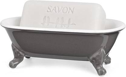 6.5" Ceramic Mini Decorative Clawfoot Bathtub Bar Soap Dish, Kitchen Sponge Holder and Shower Tray for Bathroom, 1 Pack(Stone Gray)