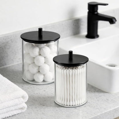 Glass Qtip Holder Dispenser Set - 15oz & 10oz Cotton Swab Holder with Black Wooden Lids, Bathroom Canisters Apothecary Jar Vanity Storage Organizer for Cotton Balls, Floss Picks (4 Pack)