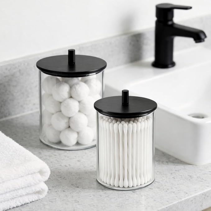 Glass Qtip Holder Dispenser Set - 15oz & 10oz Cotton Swab Holder with Black Wooden Lids, Apothecary Jar Bathroom Storage Canisters for Cotton Balls, Floss Picks, Vanity Organizer Container (2 Pack)