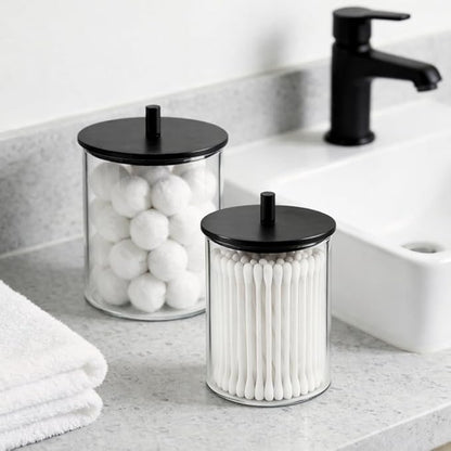 Glass Qtip Holder Dispenser Set - 15oz & 10oz Cotton Swab Holder with Black Wooden Lids, Apothecary Jar Bathroom Storage Canisters for Cotton Balls, Floss Picks, Vanity Organizer Container (2 Pack)