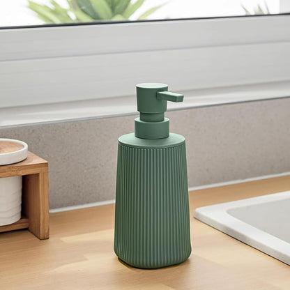 Small Soap Dispenser for Bathroom and Kitchen, Modern Farmhouse Striped Style Plastic Hand Soap Dish Soap Dispenser with Pump Matte Green