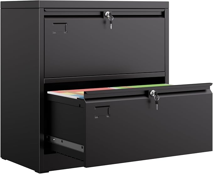 2 Drawer Lateral File Cabinet,30.24" H Metal Wide Filing Cabinet with 2 Locks and Business Card Slot for Home Office School Hanging Letter/Legal/F4/A4 Size Folders,Required Assembly,Black