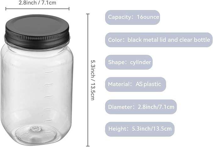 novelinks 16 oz Clear Plastic Jars with Lids, Refillable 16oz Mason Jars with Lids & Storage Containers for Kitchen & Household Use (15 Pack,Black)