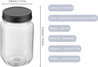novelinks 16 oz Clear Plastic Jars with Lids, Refillable 16oz Mason Jars with Lids & Storage Containers for Kitchen & Household Use (5 Pack,Black)