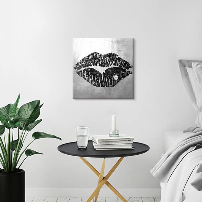 Lip Canvas Wall Art Black and Grey Wall Decor Sexy Lip Poster Framed Picture Gray Room Decor for Bedroom Bathroom Makeup Room 24x24Inch