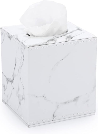 Sumnacon Square Leather Tissue Box Cover - Stylish Cube Tissue Box Holder with Magnetic Bottom, Decorative PU Tissue Box for Vanity Dresser Night Stand Table Countertop Home Office Car, Marble White