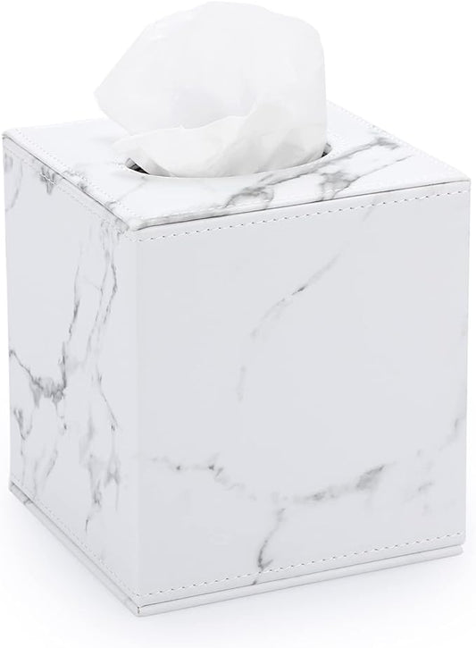 Sumnacon Square Leather Tissue Box Cover - Stylish Cube Tissue Box Holder with Magnetic Bottom, Decorative PU Tissue Box for Vanity Dresser Night Stand Table Countertop Home Office Car, Marble White