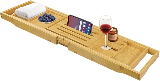 BFTOU Bamboo Bathtub Tray Expandable Bath Table Tray Bathtub Caddy for Relaxing SPA Bathroom Accessories for House Warming Shower