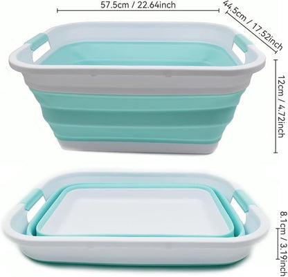 SAMMART 41L (10.8 gallon) Collapsible Plastic Laundry Basket-Foldable Pop Up Storage Container/Organizer-Portable Washing Tub, Water capacity: 32L (8.4 gallon) (Rectangular, White/Lake Green)