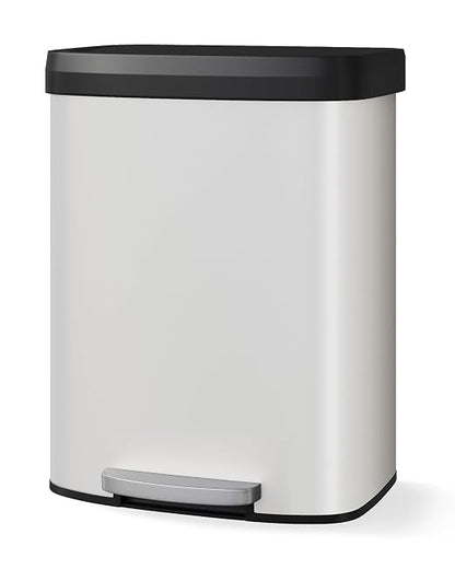 Garvee 16 gal / 60 L Metal Trash Can with Lid, Large Garbage Can for Kitchen, Rustproof Step-on Kitchen Metal Trash Bin with Liner Rim, Rear Handle, Soft Close Plastic Lid, White