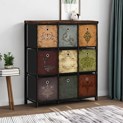 Fabric Dresser with 9 Drawers, DIY Cube Organizer for Closet, Storage Drawer Unit Chest of Drawers for Bedroom, Living Room, Hallway, Dorm, Pattern