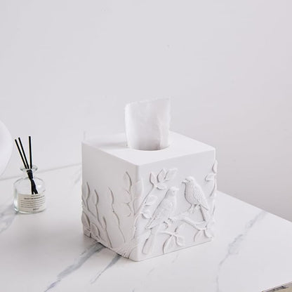 White Marble Relief Birds Square Tissue Box Cover Decorative,Resin Heavy Sturdy Tissue Box Holder, Facial Paper Holder for Bathroom Vanity Countertop, Bedroom Night Stand,Office and End Table