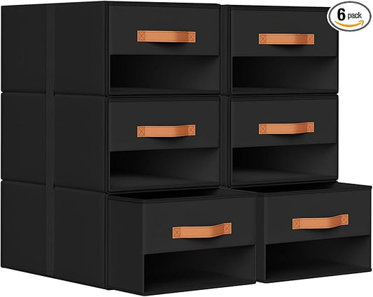 DIMJ Closet Organizers and Storage - Pull-out Fabric Bins with Drawers for Closet Foldable Clothes Organizers with Clear Window, Stackable Storage Drawers for Bedroom,Living Room,Shelf,6-Pack, Black