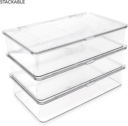 Isaac Jacobs Small Stackable Organizer Bin (10.75” x 6.5” x 2.4”) w Hinged Lid Clear Storage Box Home Office School Fridge Bathroom Kitchen Pantry Container BPAFree Food Safe (Small Clear) (Pack of 2)
