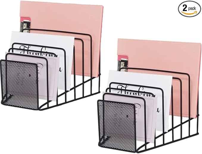 2 Pack Multi Step File Organizer Incline Desktop File Sorter Metal Wire Mesh Step File Letter Sorter, 7 Sections, Black