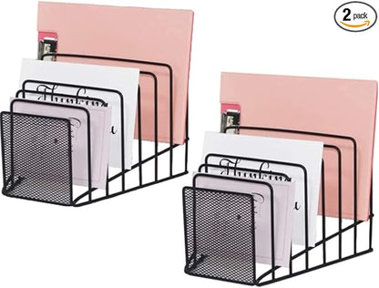 2 Pack Multi Step File Organizer Incline Desktop File Sorter Metal Wire Mesh Step File Letter Sorter, 7 Sections, Black