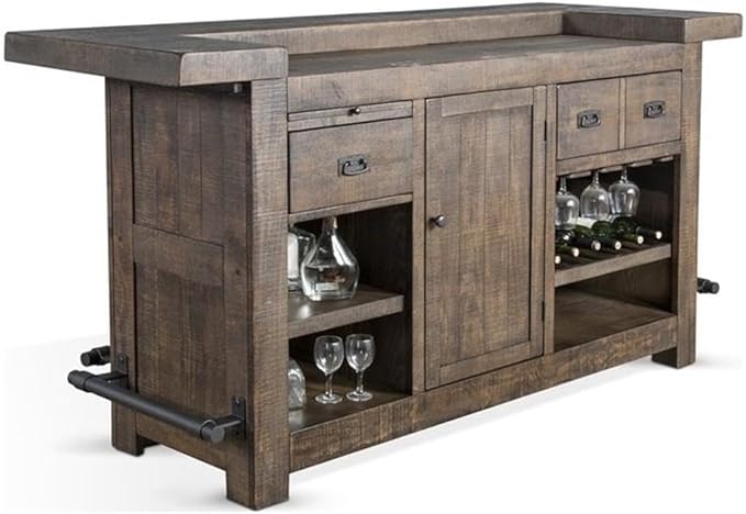 Pemberly Row Wood Home Bar with 4 Shelves and 3 Drawers in Cherry (42" H x 80" W x 28" D) for Home, Kitchen, Dining Room with Storage Cabinet and Wine Rack, Easy Assembly