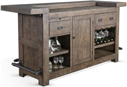 Pemberly Row Wood Home Bar with 4 Shelves and 3 Drawers in Cherry (42" H x 80" W x 28" D) for Home, Kitchen, Dining Room with Storage Cabinet and Wine Rack, Easy Assembly