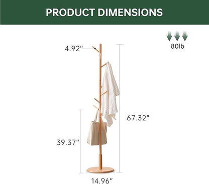 Solid Wood Coat Rack, Freestanding Coat Rack for Entryway, Hallway, Home Office, Living Room, Bedroom, 15" x 15" x 67.3", Beech Wood, Natural
